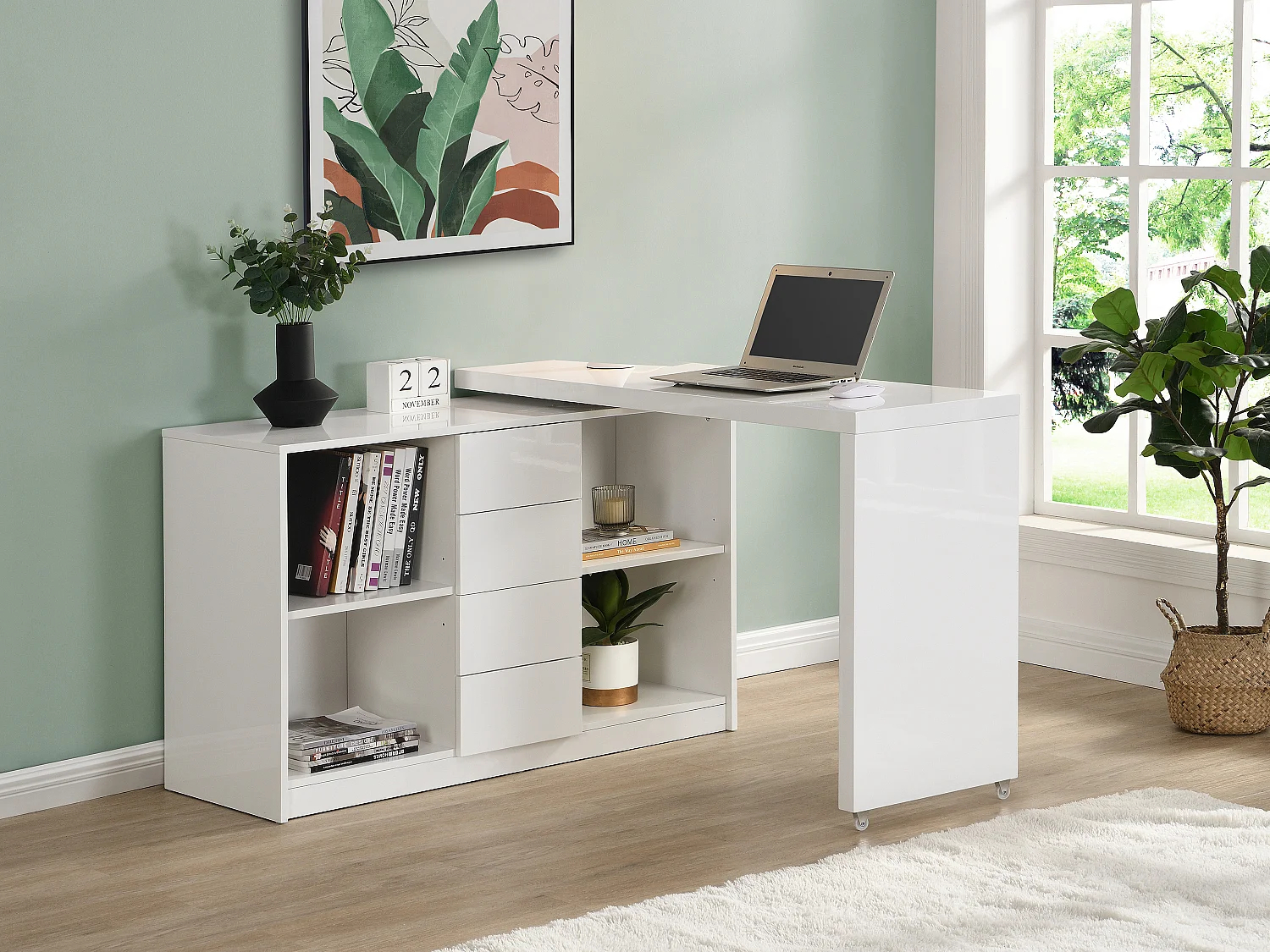 Escritorio extensible con tablero giratorio 360° - MDF - Blanco lacado - PAVELO