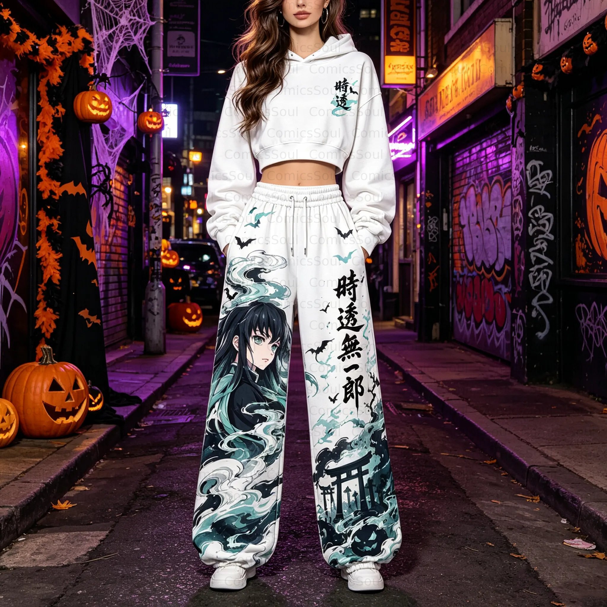Demon Slayer Cropped Long Sleeve Hoodie & High Waist Jogger Pants Two Piece TeeThreads Sustain the Scene with Custom Apparel