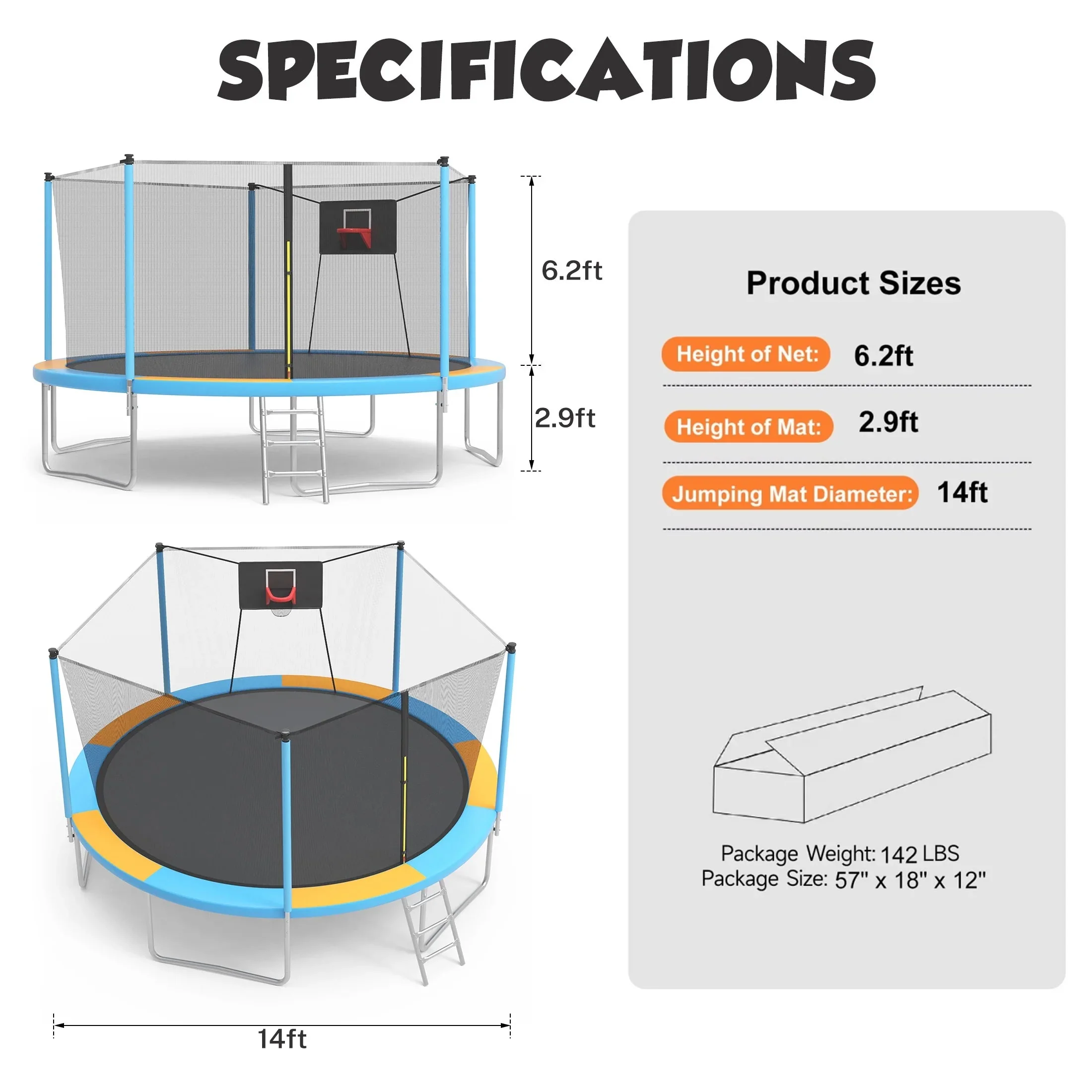 SHINPT 14ft Outdoor Trampoline With Safety Net, Basketball Hoop And Ladder - Image 12 SHINPT 14ft Outdoor Trampoline With Safety Net, Basketball Hoop And Ladder - Image 12