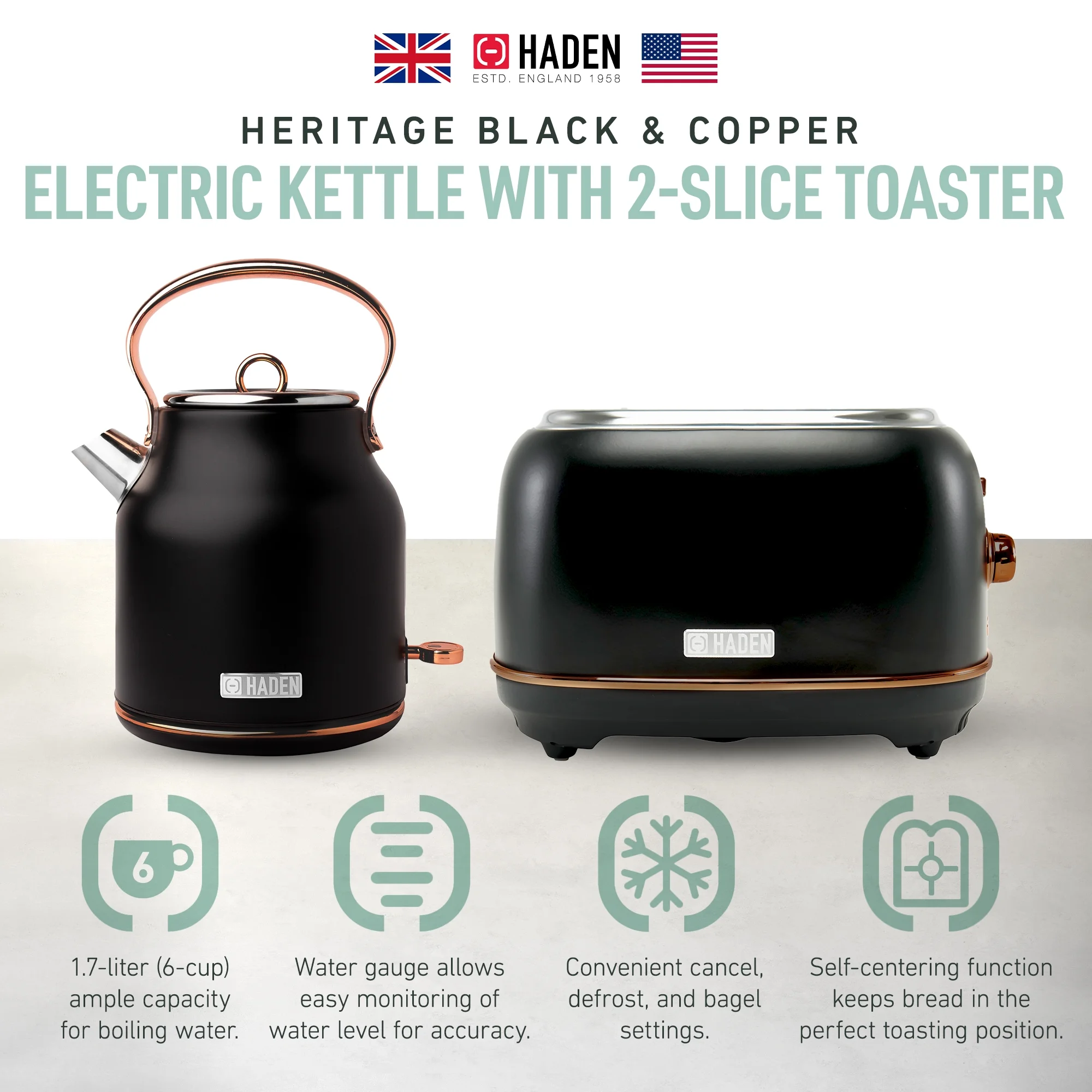 Haden Heritage 1.7 Liter Electric Kettle with 2 Slice Bread Toaster, White - Image 57