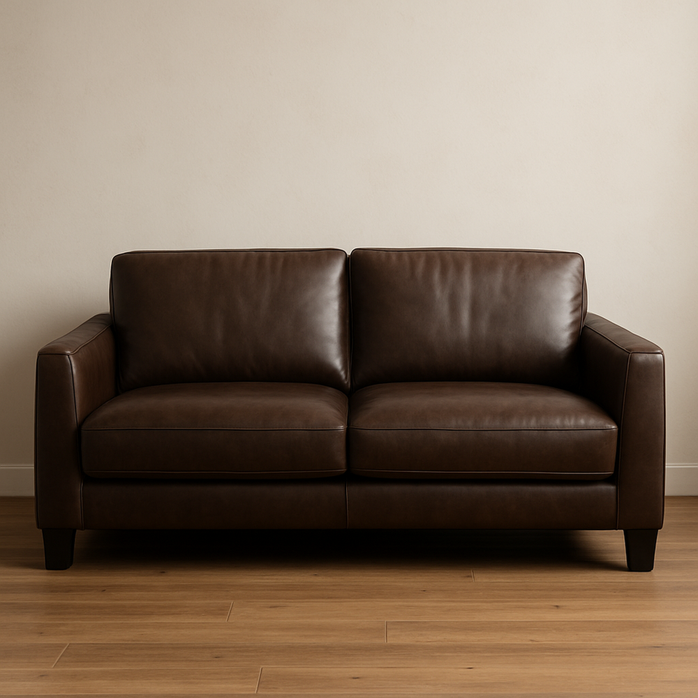 Sofá de cuero marrón 2 plazas con cojines desmontables y patas de madera maciza, 200 cm x 90 cm x 85 cm