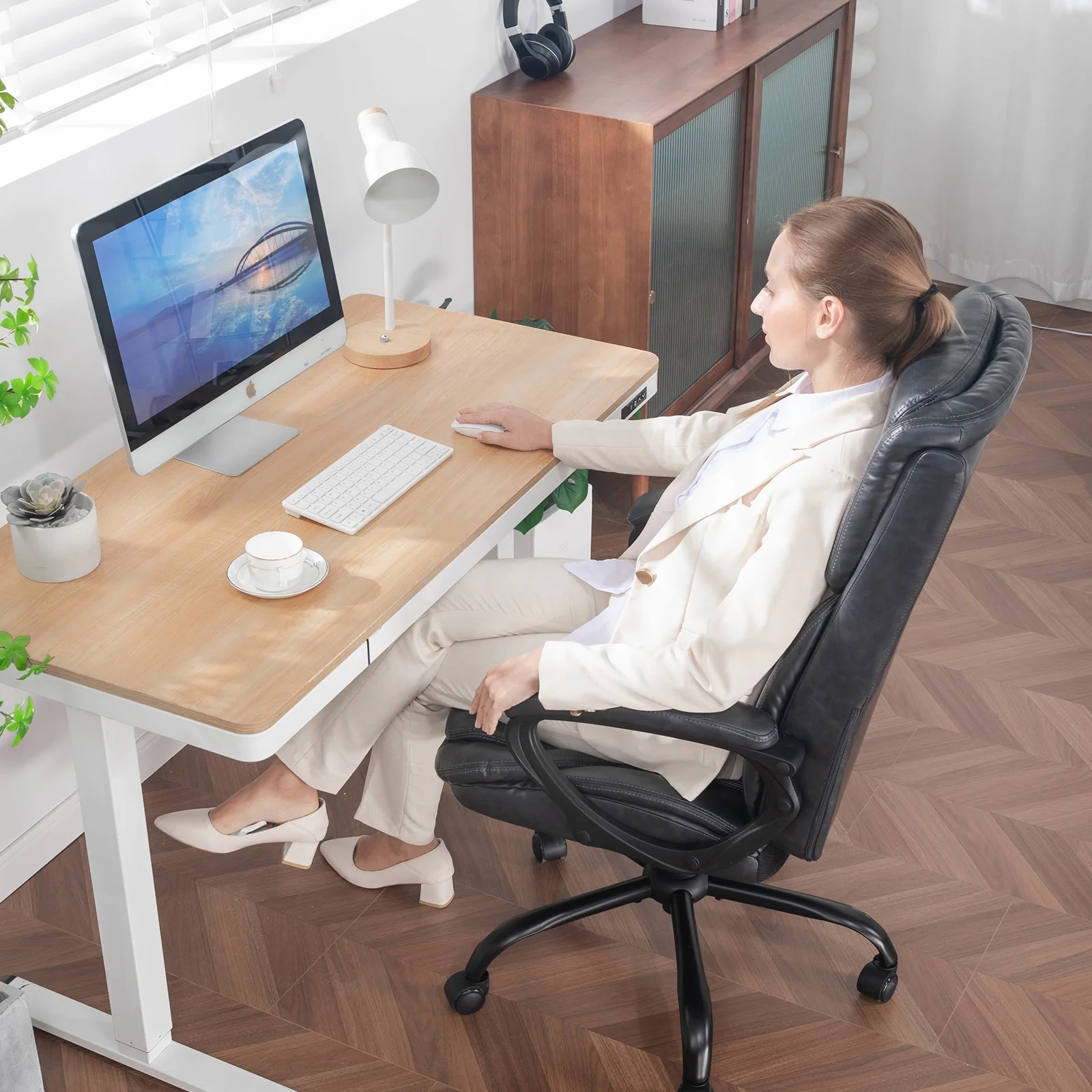 Mainstays Executive Ergonomic High Back Leather Home Office Desk Chair, Black - Image 30
