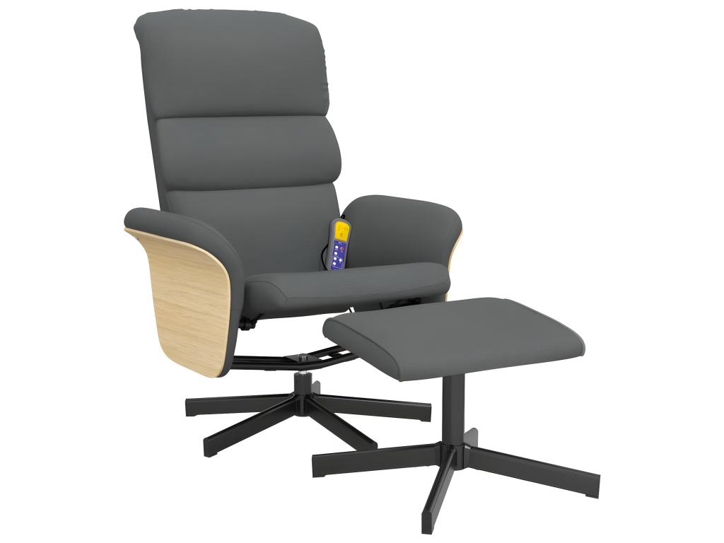 Sillón de masaje reclinable y reposapiés de tela gris oscuro.