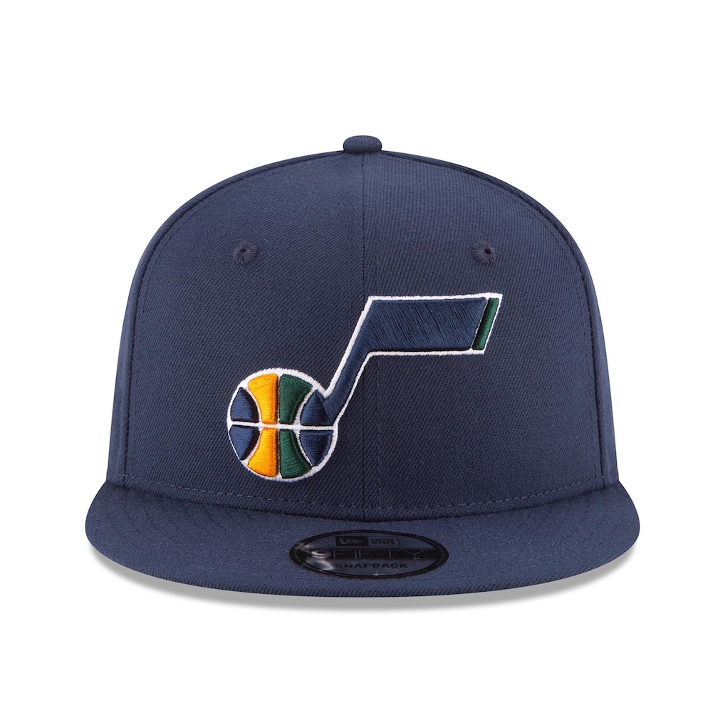 Front view of the Utah Jazz New Era Navy 9FIFTY Snapback Hat highlighting the classic embroidered J-note team logo