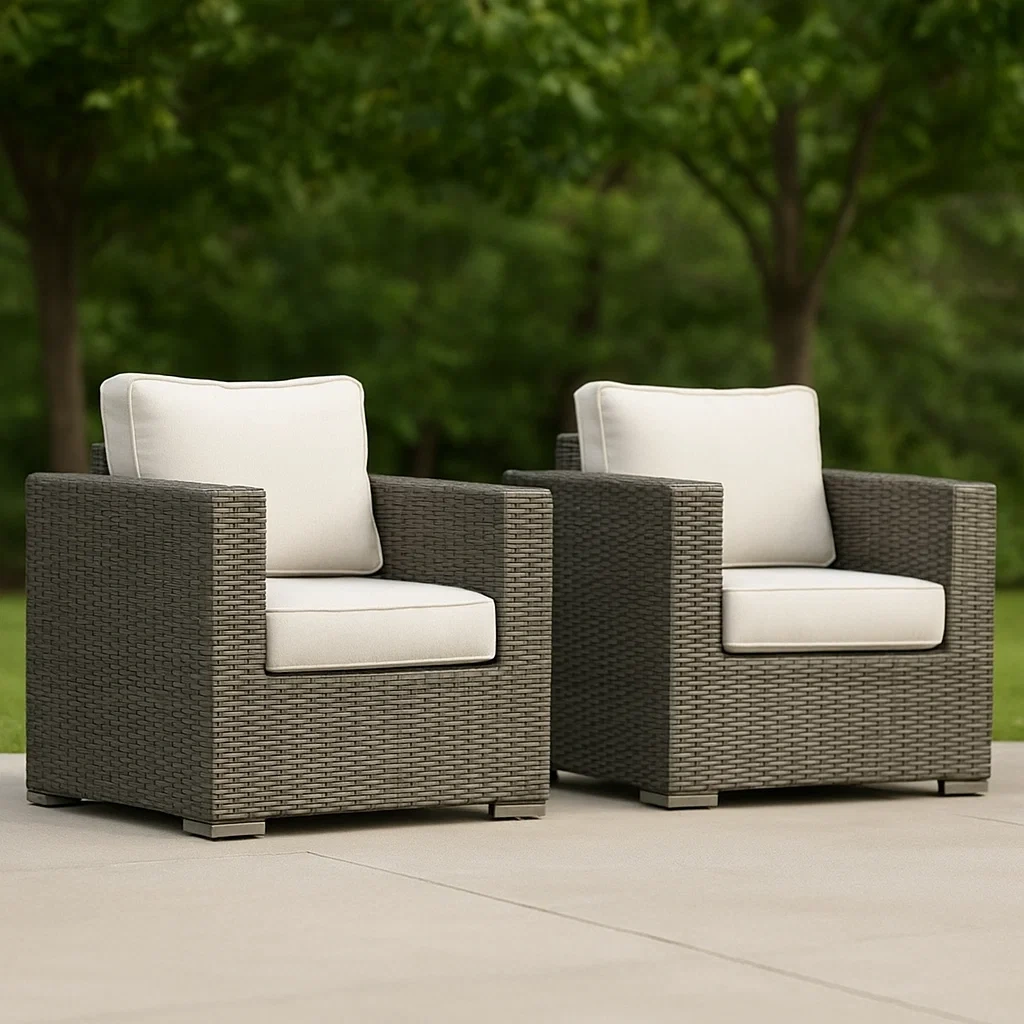Silla de exterior,gris,estructura de ratán y madera con cojines de tela,jardín,84x84x66 cm