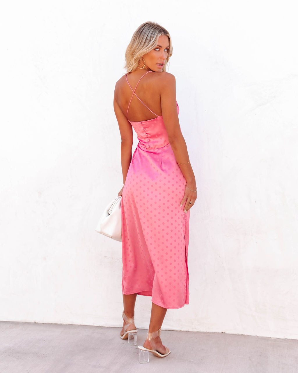 Afternoons In Bordeaux Polkadot Satin Slip Dress - Pink - FINAL SALE - Se7enfashion