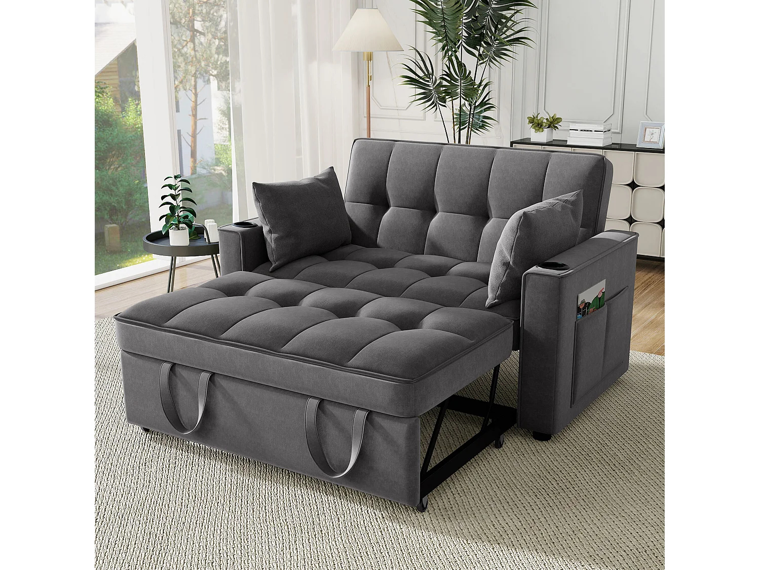 Sofá beige de 2 plazas - Sillón convertible con portavasos y bolsillo portaobjetos - cojines y ruedas