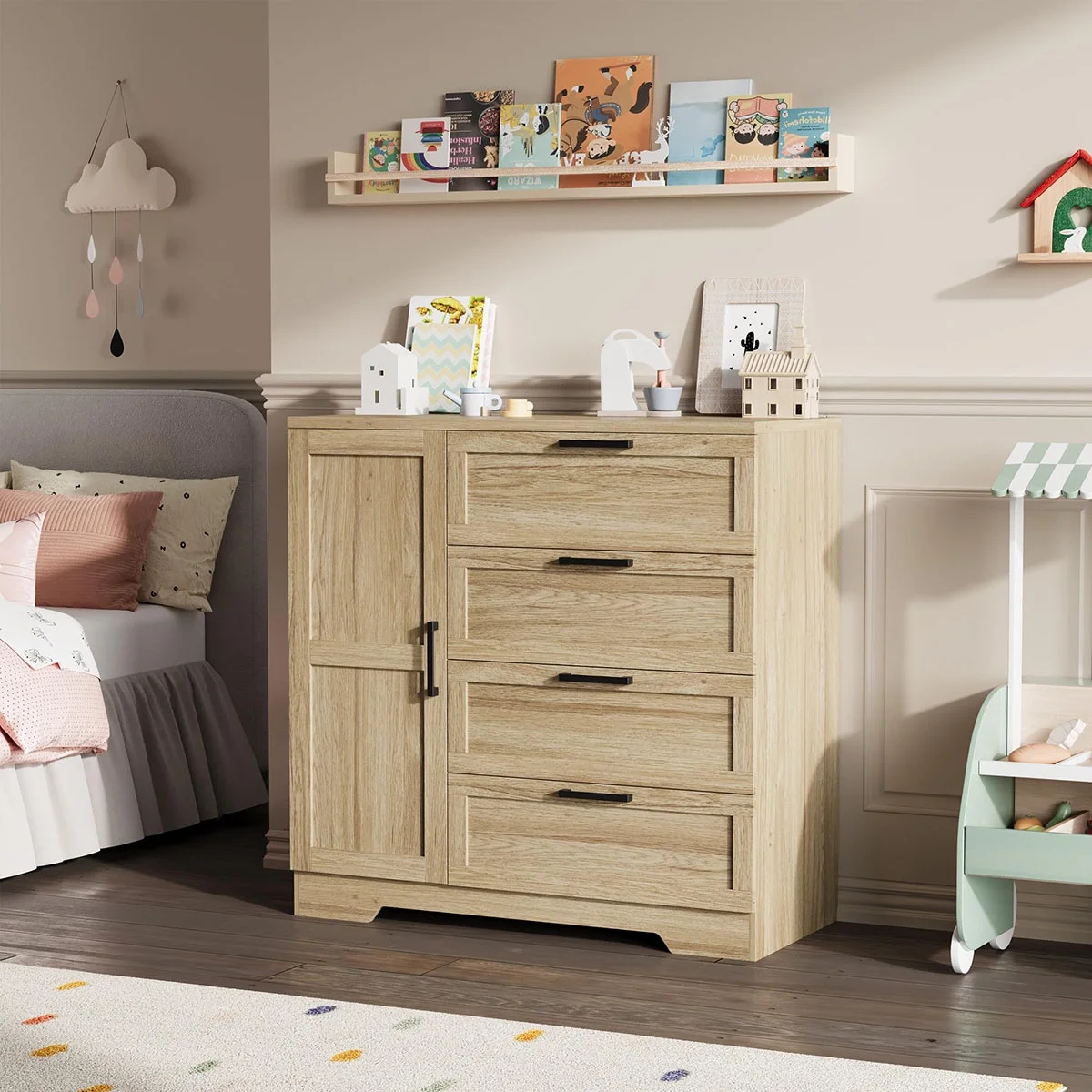 Ataucjin Wood Armoire Wardrobe Closet with 4 Drawers and Door, 43.3" H Bedroom Wardrobe Cabinet with Hanging Rod, Clothing Storage Cabinets, 4 Drawers Dresser with Storage Closet - Image 6