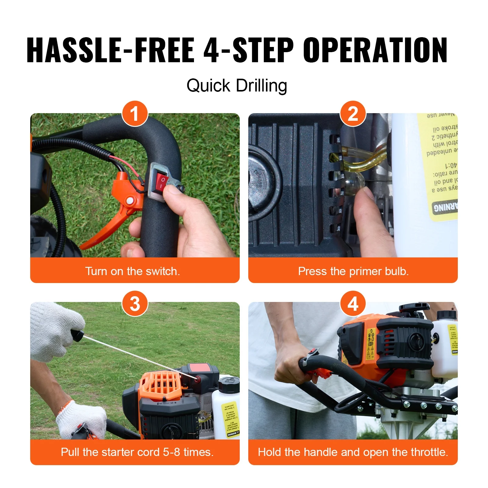 KFFKFF Gas Earth Auger, 52CC 1450W, includes 8- Drill Bit & Extension Rod, Ideal for Garden, Farmland Fence Installation, Orange & Black - Image 4