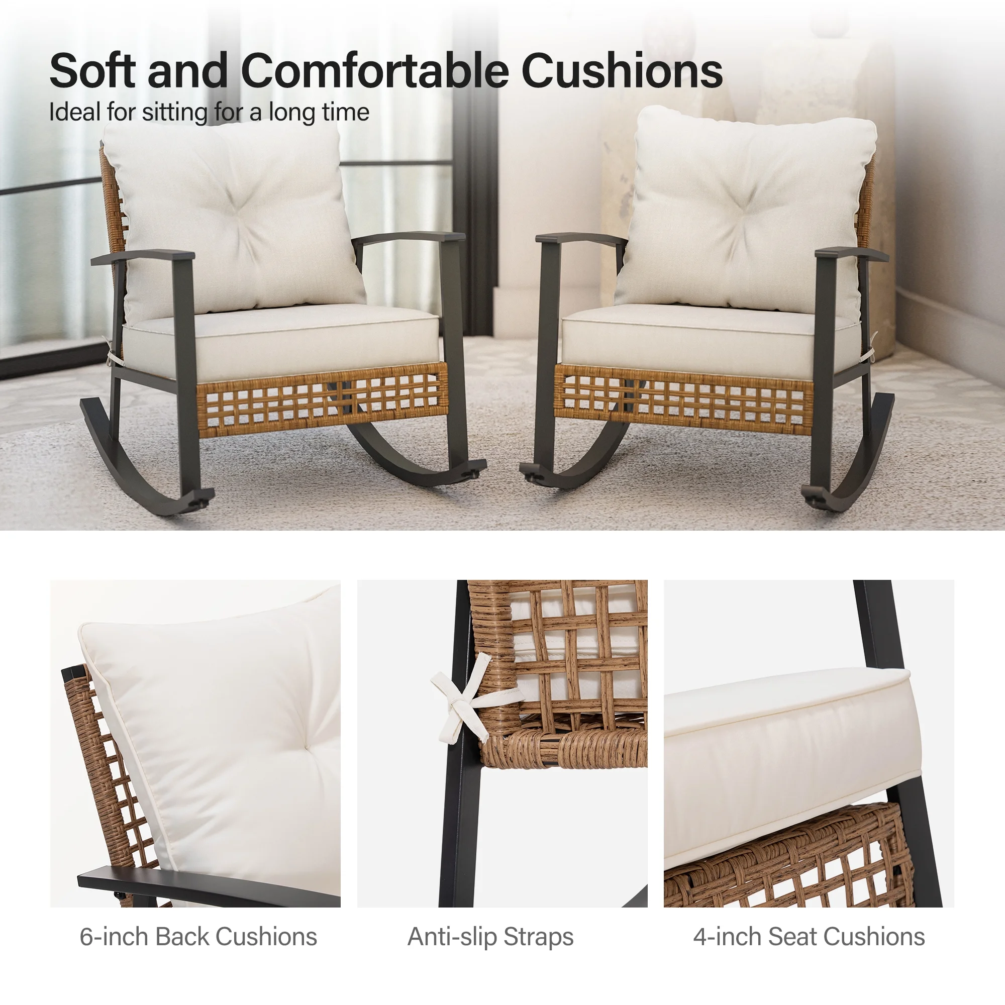 LAUSAINT HOME Outdoor Rocking Chair, Patio PE Rattan Chair with Beige Cushions - Image 9