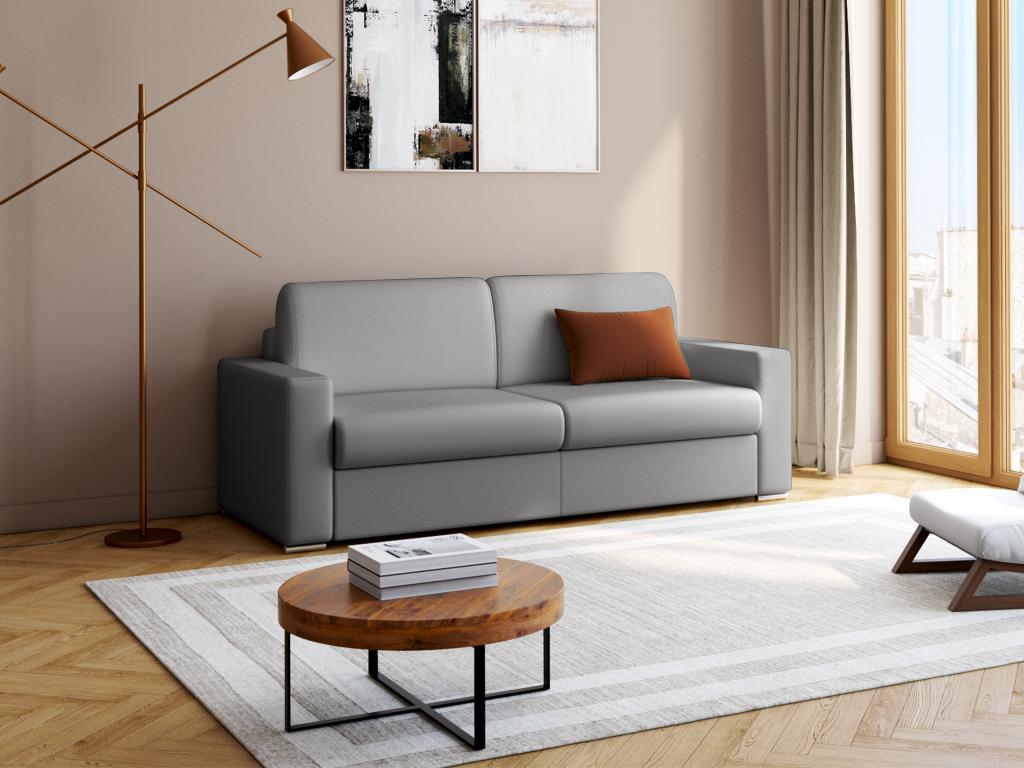 Sofá cama de 4 plazas tipo italiano de piel sintética CALITO - Gris- Cama de 160 cm - Colchón de 14 cm