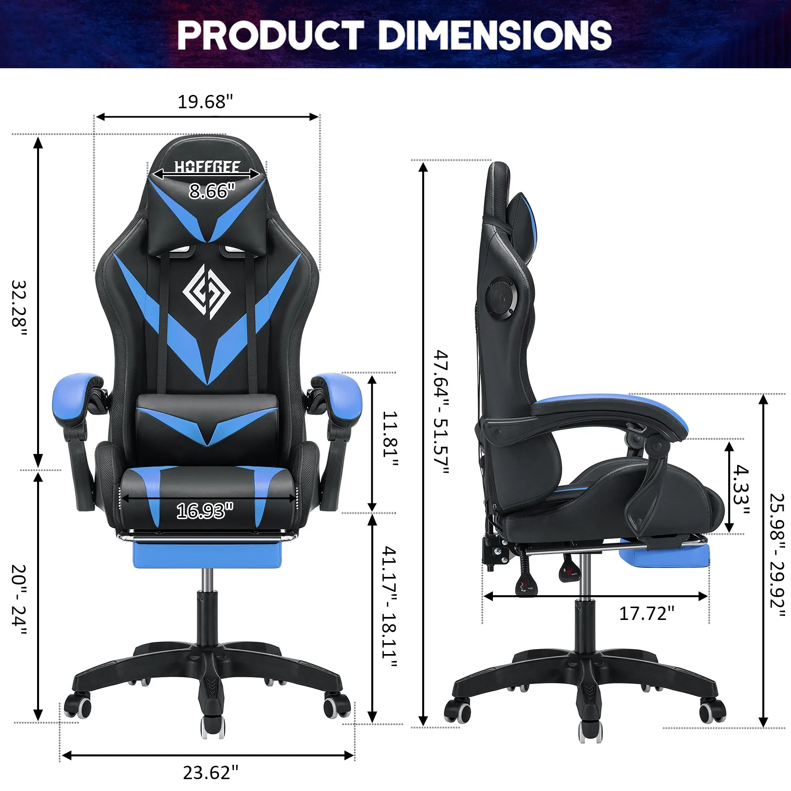 Hoffree Gaming Chair with Speakers PU Leather Office Chair with Footrest and LED Lights Ergonomic Gamer Chair with Massage Lumbar Support and Headrest Adjustable Swivel for Home Office 300lb - Image 4