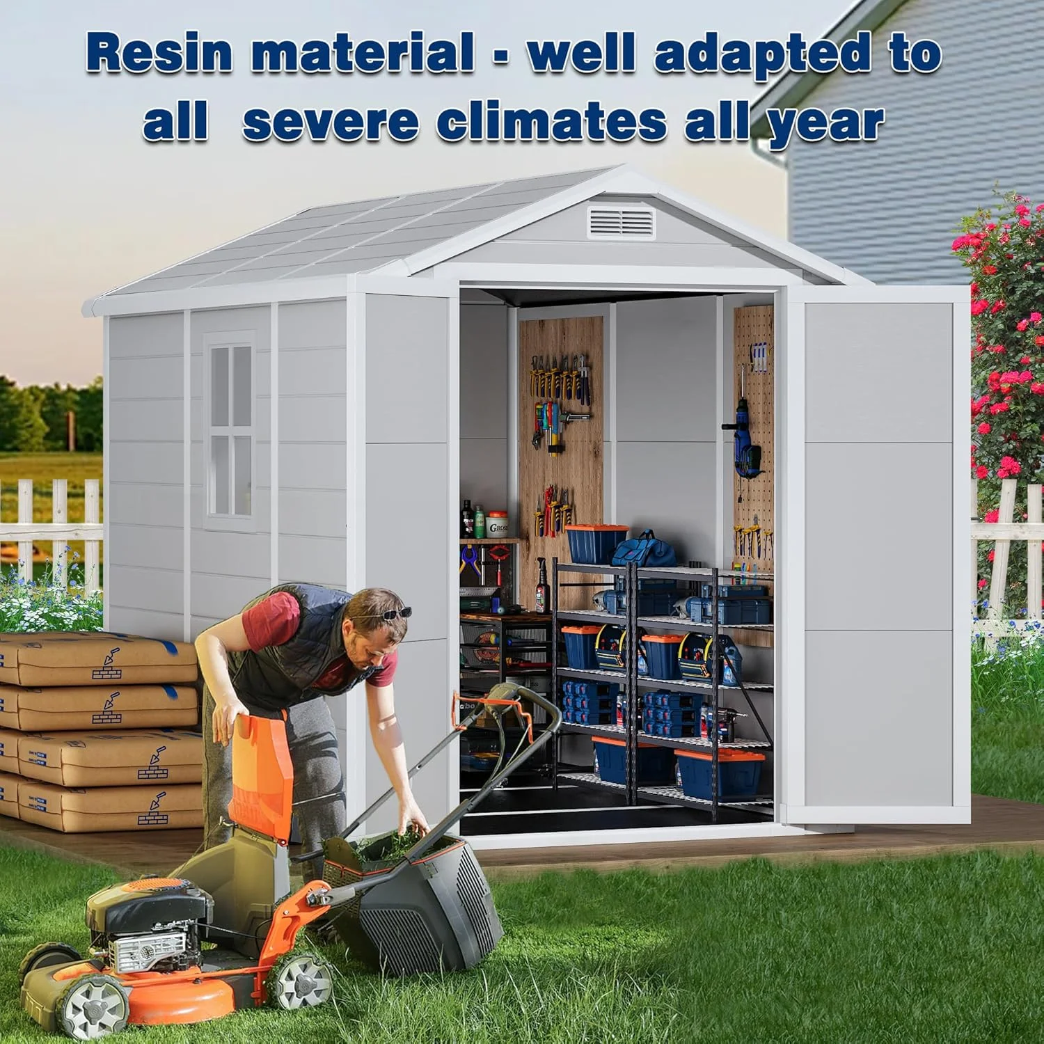 9 x 5.8 FT Outdoor Storage Shed, Linor Resin Shed with Floor, Window, and Vents, Weather-Resistant Garden Shed for Garden Tool Outside Sheds, Bike Shed, Backyard Shed - Image 6