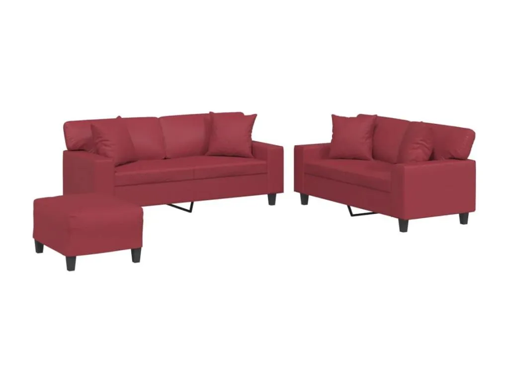Juego de sofás con cojines 3 piezas cuero sintético rojo tinto