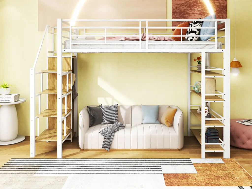 Cama alta 90x200 cm - con armario pequeño y estantes de almacenamiento - Blanco