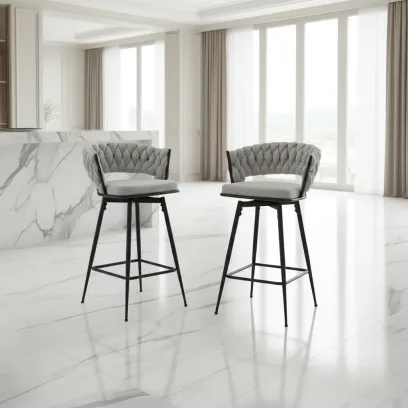 Pair of Swivel Bar Stools with Comfortable Linen Cushions - Counter Height Seating for Kitchen Islands, Dining Areas, or Pubs