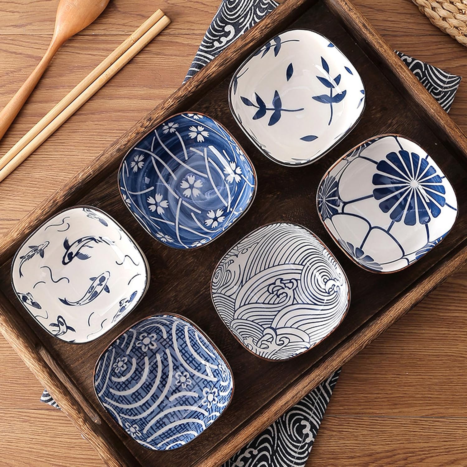 Ceramic Dipping Bowls Set of 6, 5OZ Small Soy Sauce Dishes, Japanese Style Square Pinch Bowls for Sushi Sauce Ketchup BBQ, Oven Microwave Dishwasher Safe, 3.6Inch (Blue Ocean)