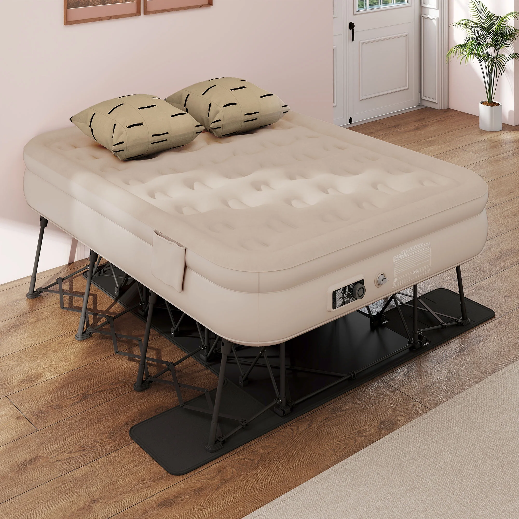 Uforic Inflatable Queen Air Mattress with Built-in Pump, Frame, Velvet Surface & Portable Storage Case, Khaki - Image 2