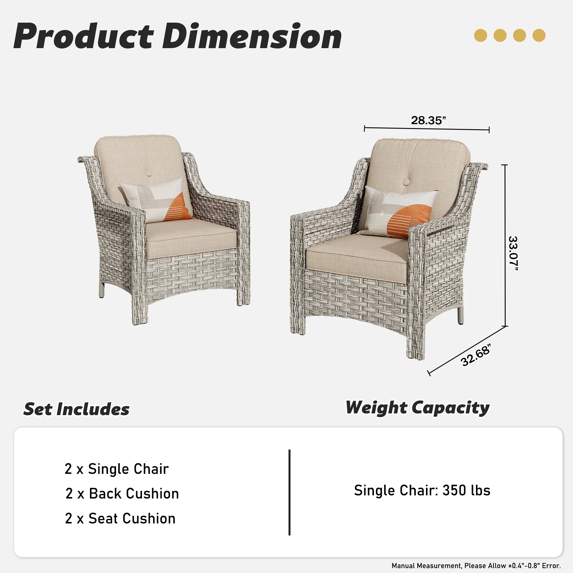 Ovios Backyard Single Chairs Set 2 Metal Wicker Rattan with Cushion, Beige Grey / Beige - Image 3