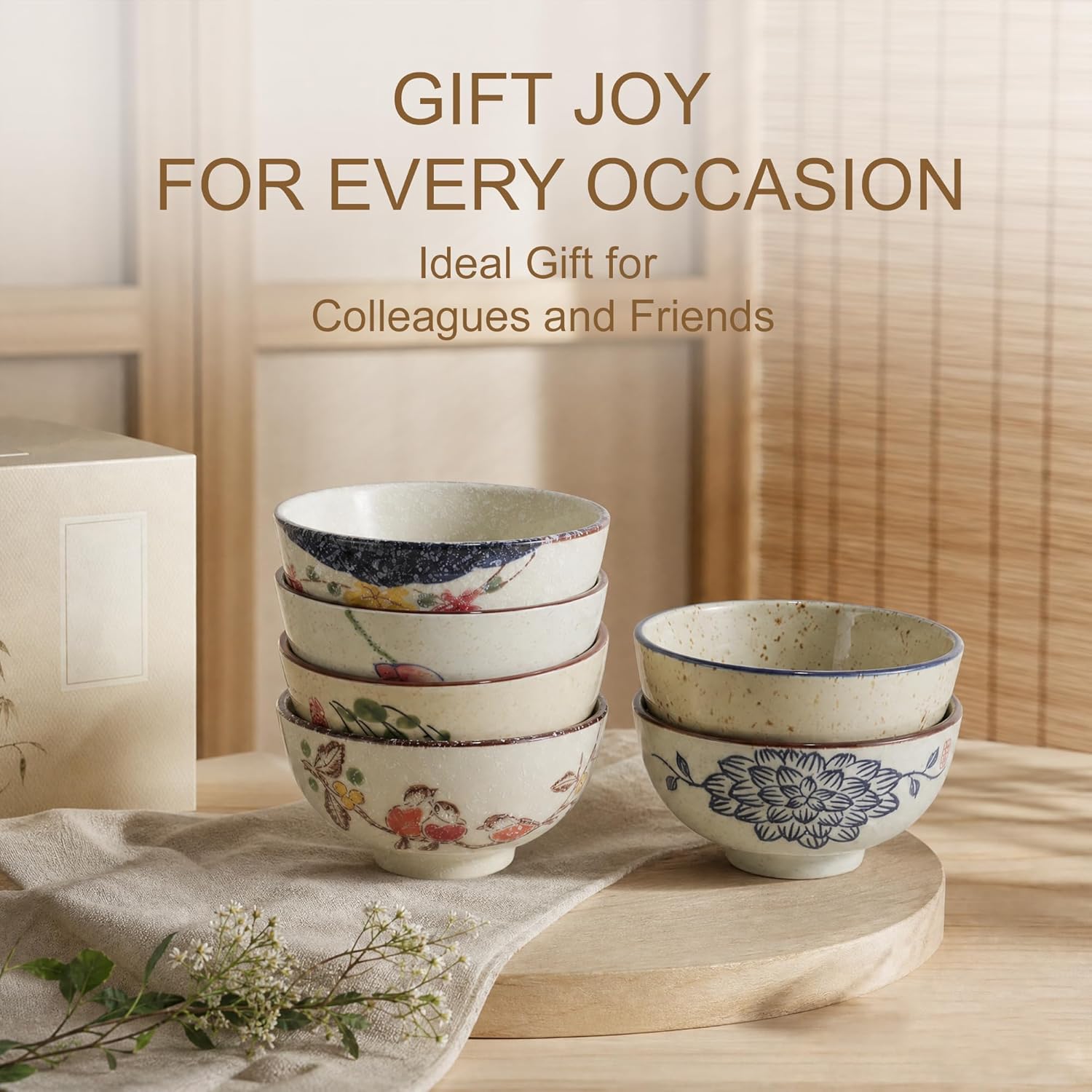 4.5 Inch Japanese Retro Dessert Bowls Set of 6, Ceramic Hand-painted Serving Bowsl Set for Cereal, Salads, Dessert, Ice Cream, Rice, Noodles, Dishwasher Microwave Safe