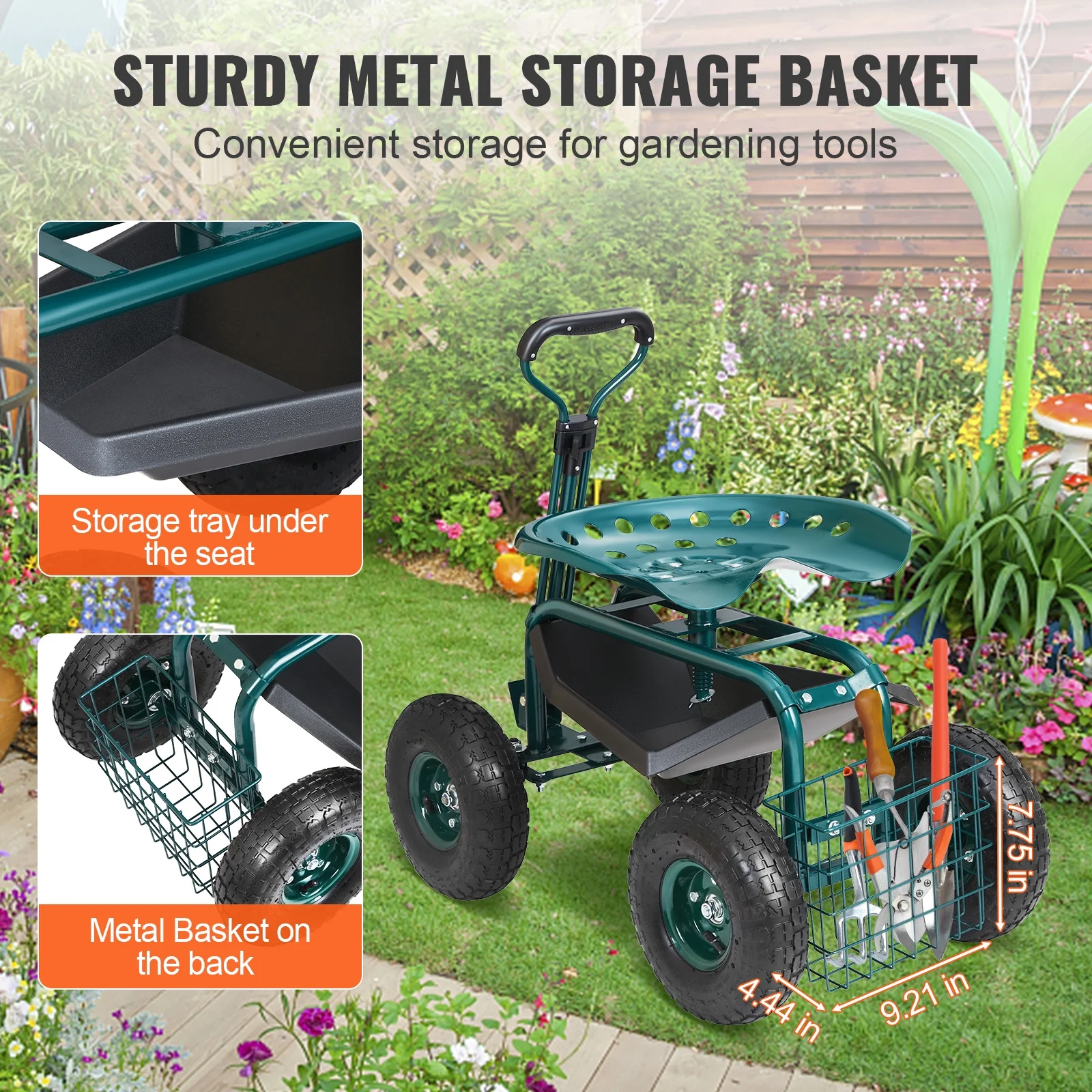 KFFKFF Garden Cart Rolling Workseat with Wheels, Gardening Stool for Planting, 360 Degree Swivel Seat, Wagon Scooter with Steering Handle & Utility Tool Tray, Use for Patio, Yard, and Outdoors - Image 2