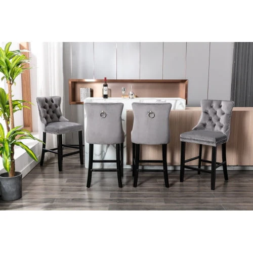 Velvet Bar Stools Set of 2, Upholstered Counter Height Bar Chair with Rivet and Button Trim, Bar Stool with Back and Footrest, for Dining Room, Kitchen, Pub, Gray - Image 13