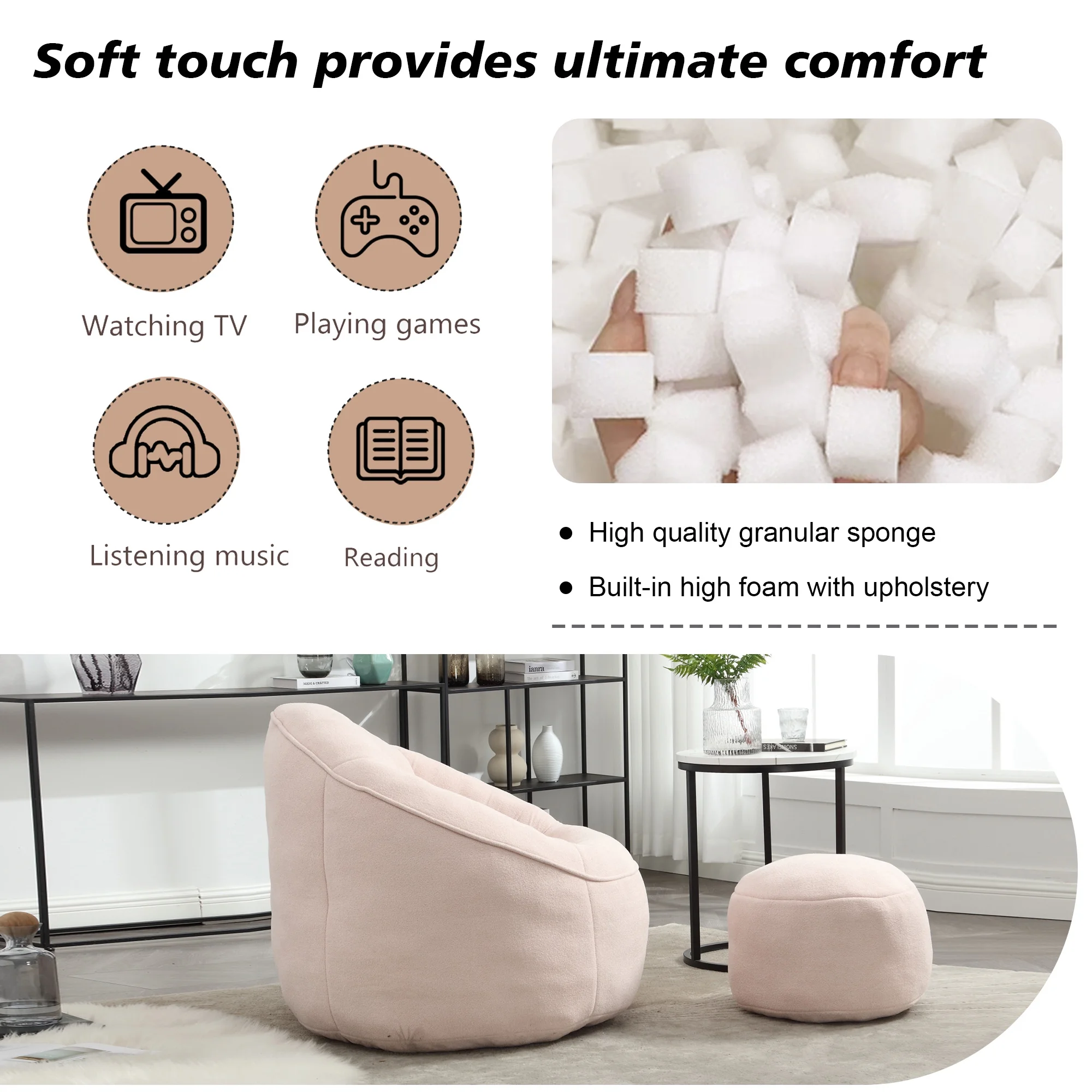 MOONMISS Microfiber Upholstered High Pressure Foam Round Lazy Bean Bag Sofa Chair with Ottoman-Gray - Image 23