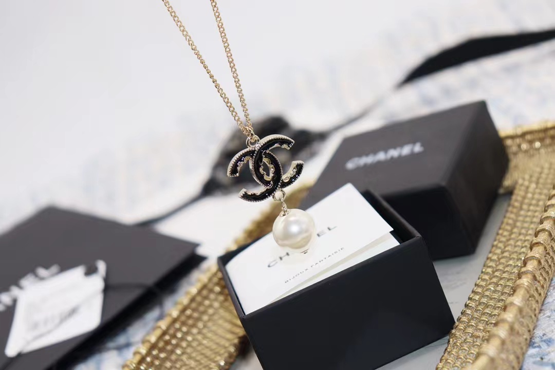 Chanel Black Double C Pearl Drop Pendant Necklace - Original Replica Club