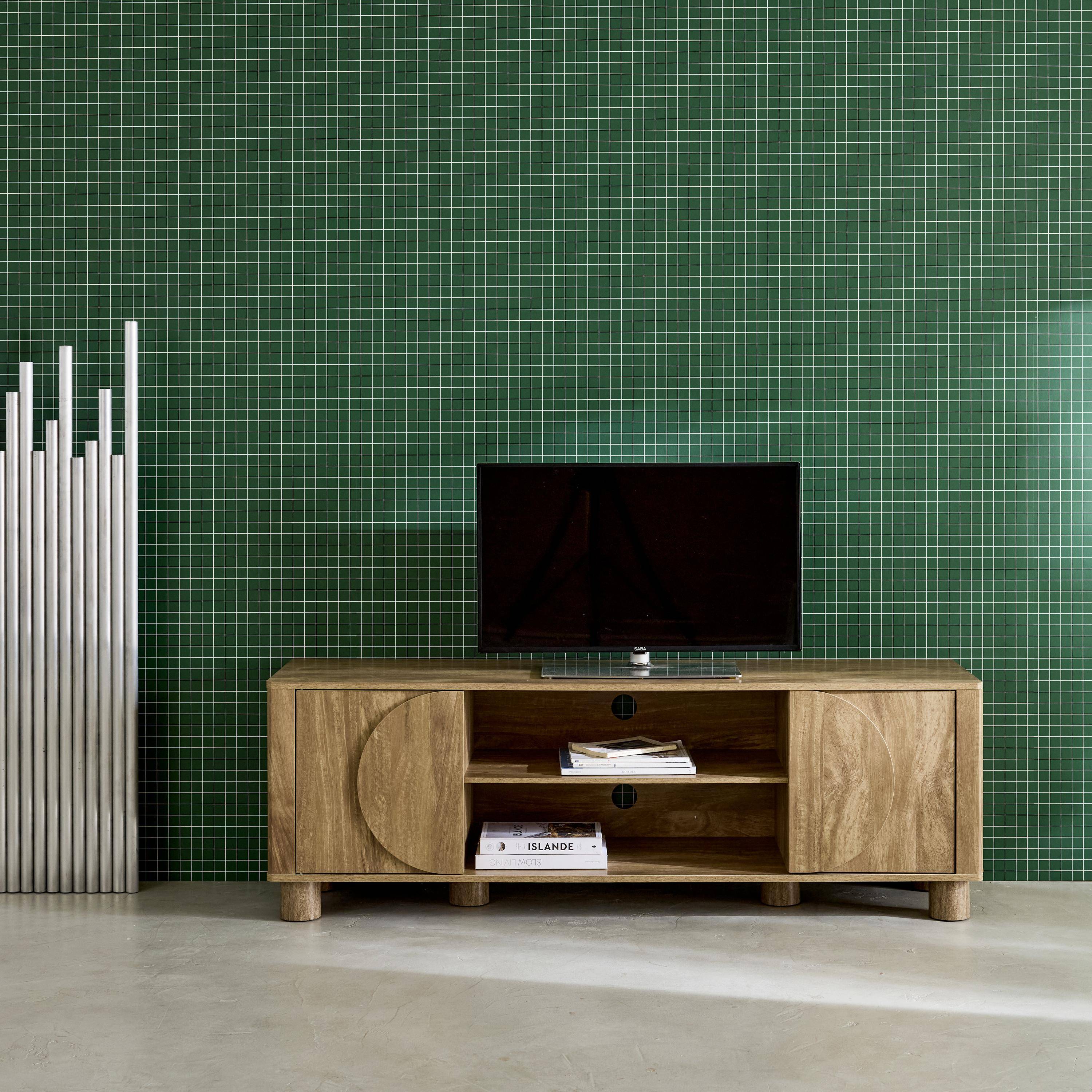 Pondi - Mueble de TV exótico efecto madera con 2 puertas reversibles, 155cm