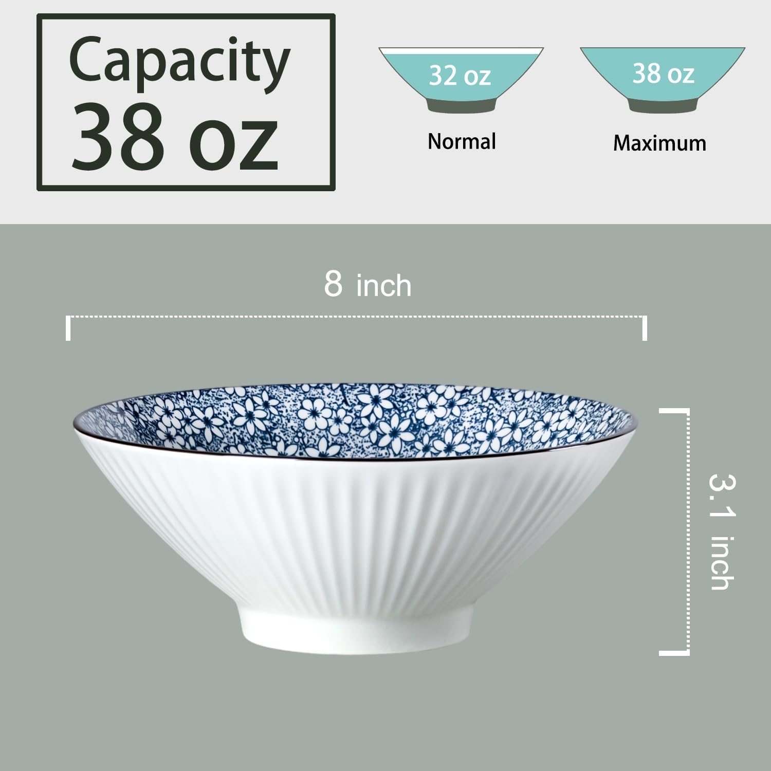 38 oz Japanese Ramen Bowl Set of 6 - Large 8 Inch Ceramic Soup Bowls, Blue and White Japanese Noodle Bowls for Pho, Ramen, and Salad - Cherry Blossom Floral Patterns