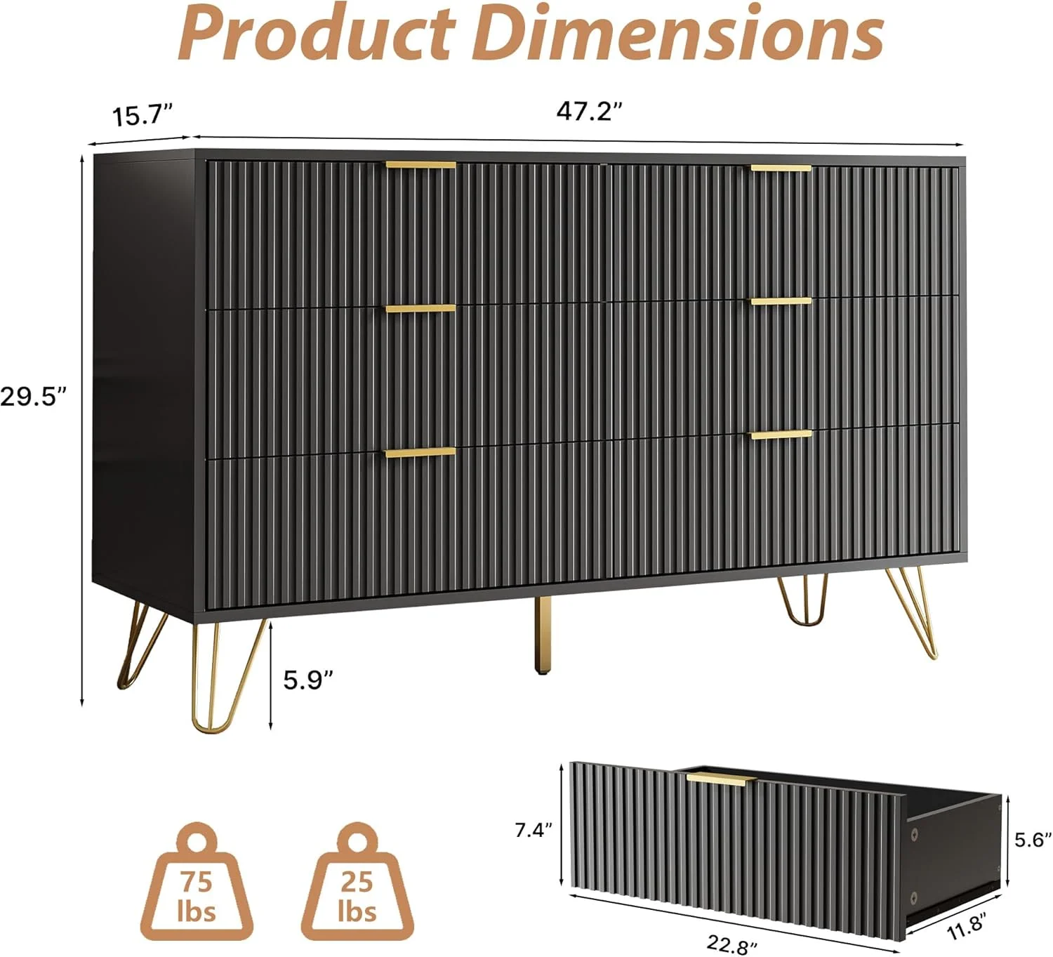 FURNIWAY White 6 Drawer Dresser for Bedroom, Modern Dresser with Gold Metal Handles,Fluted Wood TV Stand for Living Room, Hallway - Image 17