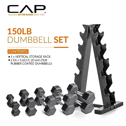 2025 CAP Barbell 150 LB Coated Hex Dumbbell Weight Set with Vertical Rack, Black