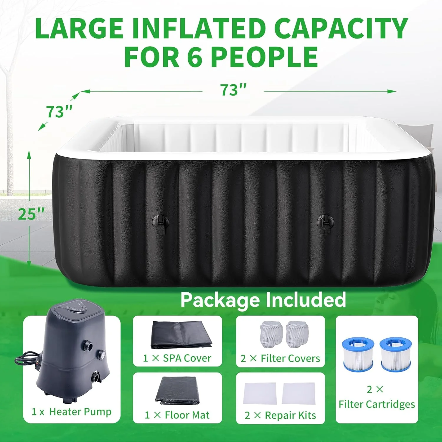Sunyrisy 4-6 Person Inflatable Hot Tub, Square Blow Up Portable Hot Tub, Leak-Proof PVC Outdoor Spa with 130 Strong Air Jets, Heater Pump and Insulated Cover, 73- X 73-X 25- - Image 2