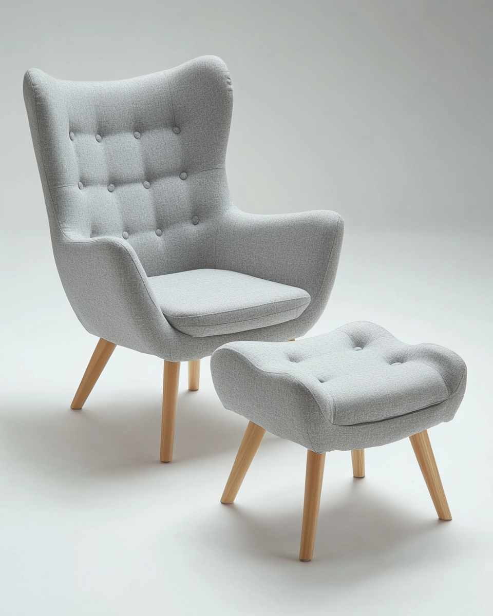 Sillón relax gris claro con reposapiés a juego y patas de madera