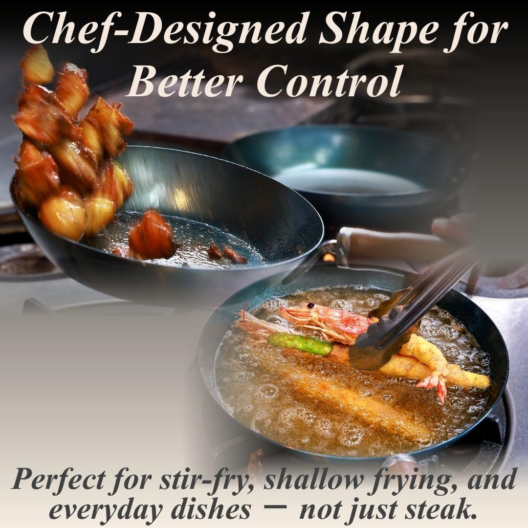 Crafted in Japan. Trusted by Chefs. Japanese Carbon Steel Frying Pan, 9.4 inch – Precision-Formed, Pre-Seasoned & Lightweight, Chef-Designed for High-Heat Control (9.4 inches)