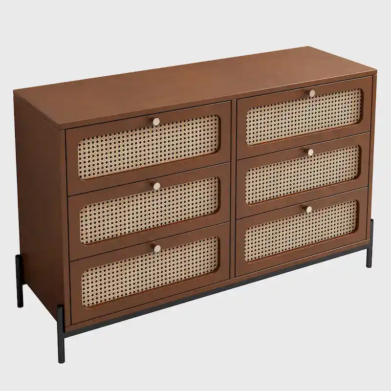 Contemporary Rattan Wood 6-Drawer Dresser with Cannage Design