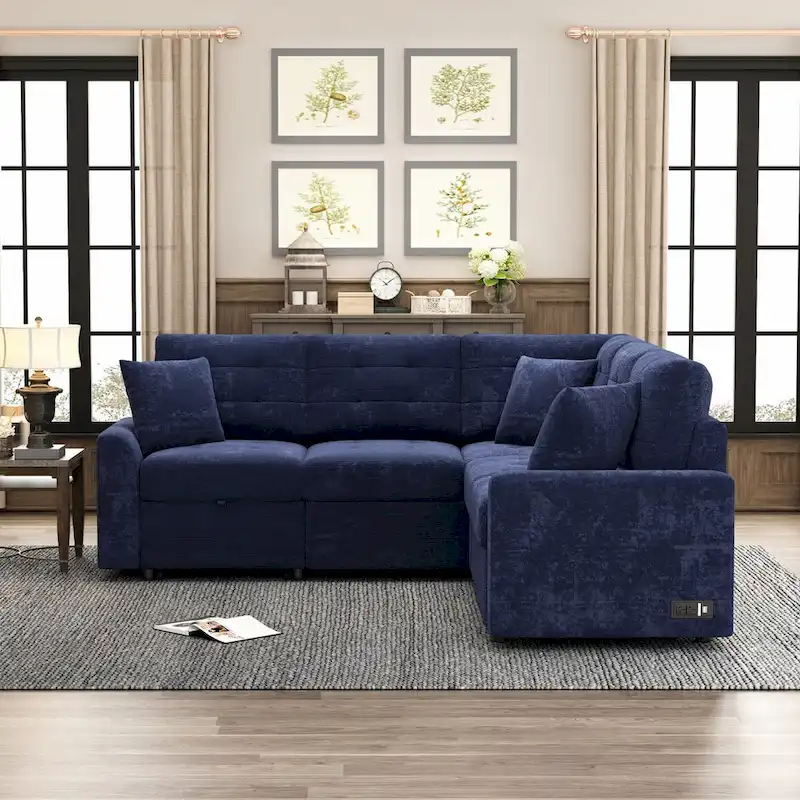 82.6-Inch L-Shaped Sleeper Sofa with Pull-Out Feature, Wheels, USB Ports, and Power Sockets - Dimensions: 82.6W x 82.6D x 33H