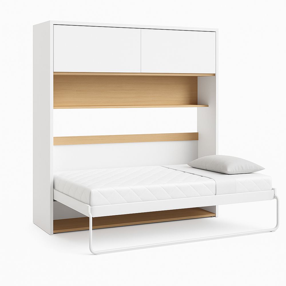Cama abatible con estantería,estilo moderno,color blanco y madera,para espacios pequeños,con almacenamiento