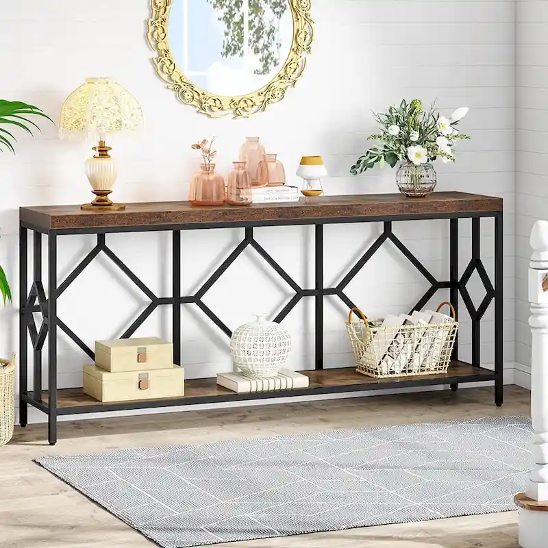 70.9-Inch Industrial Sofa Console Table with Open Storage Shelf - Extra Long Narrow Entry Table for Behind Couch