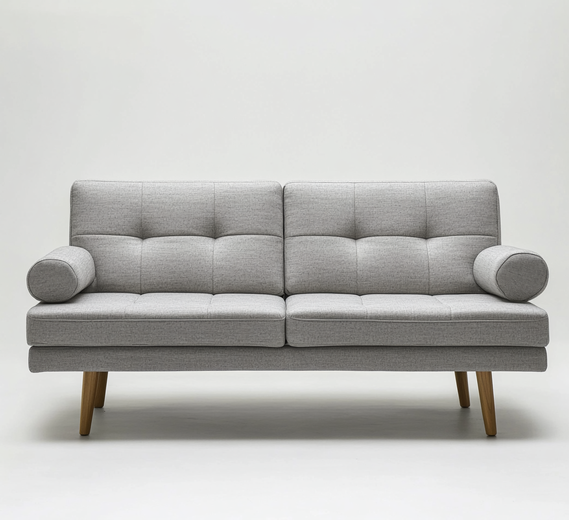Sofá estilo escandinavo gris claro con cojines cilíndricos y patas de madera