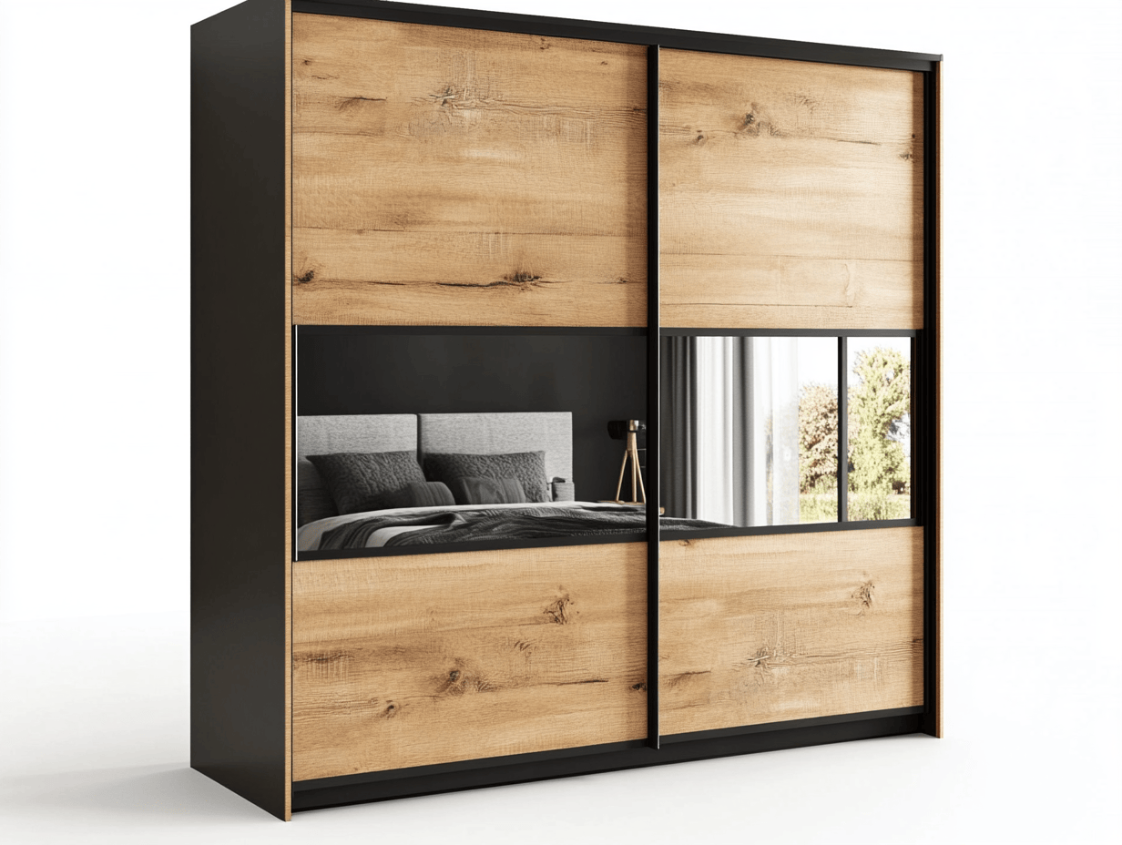 Armario con puertas correderas y espejo estilo roble y negro mate, 180x210x62cm