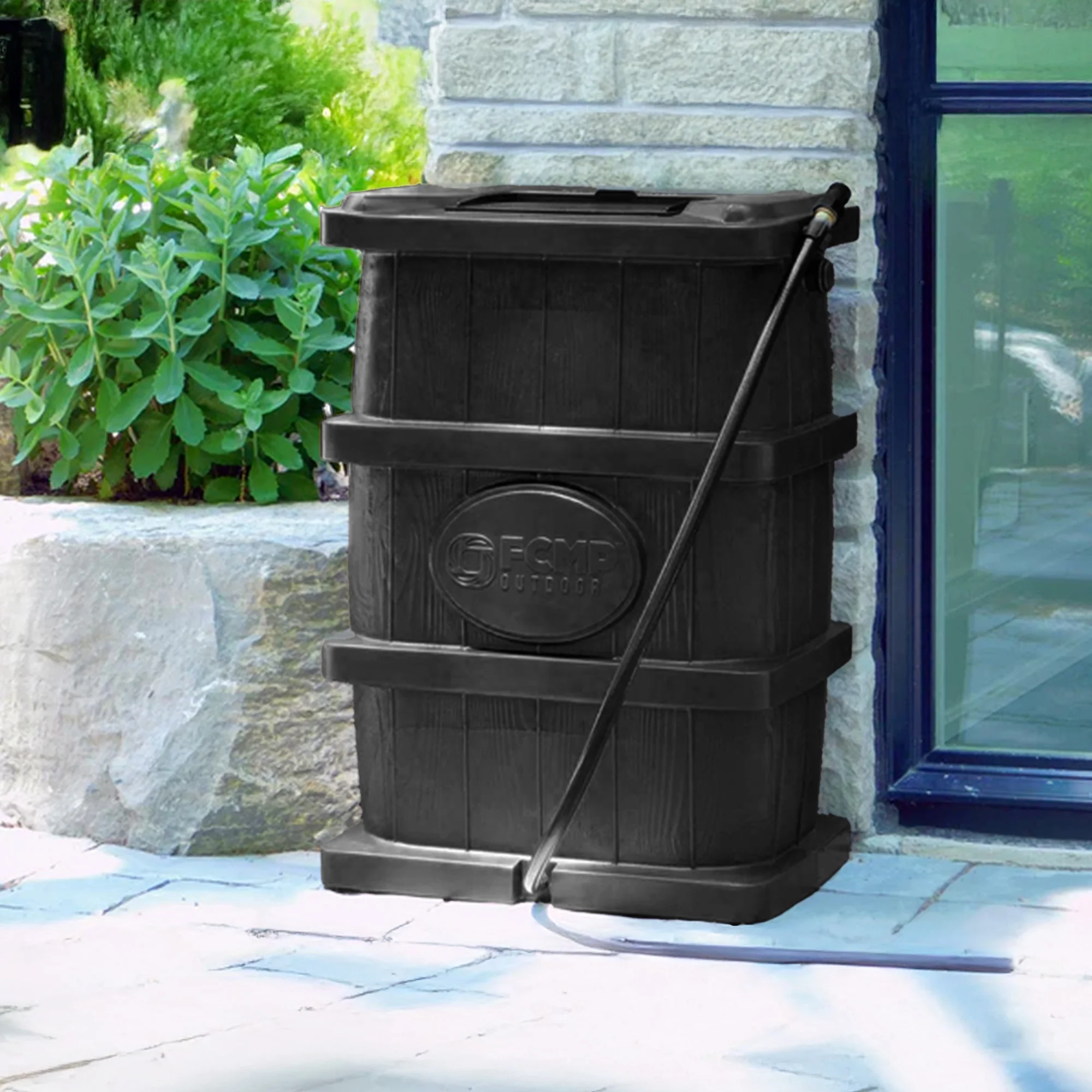 FCMP Outdoor WG4000-GRY Home Outdoor Wood Grain Rain Water Catcher Barrel - Image 18