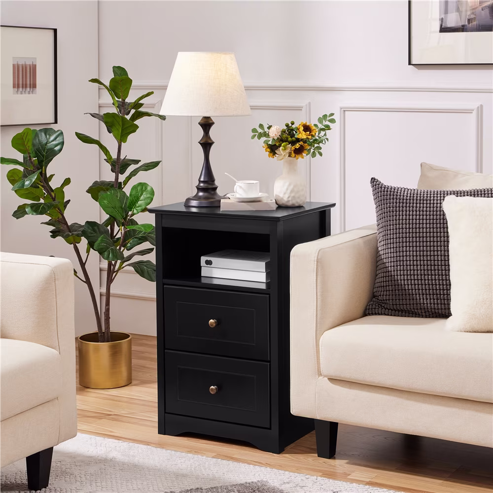 Yaheetech Wooden Nightstand with Storage Drawers and Open Shelf, Set of 2, Black(Black)