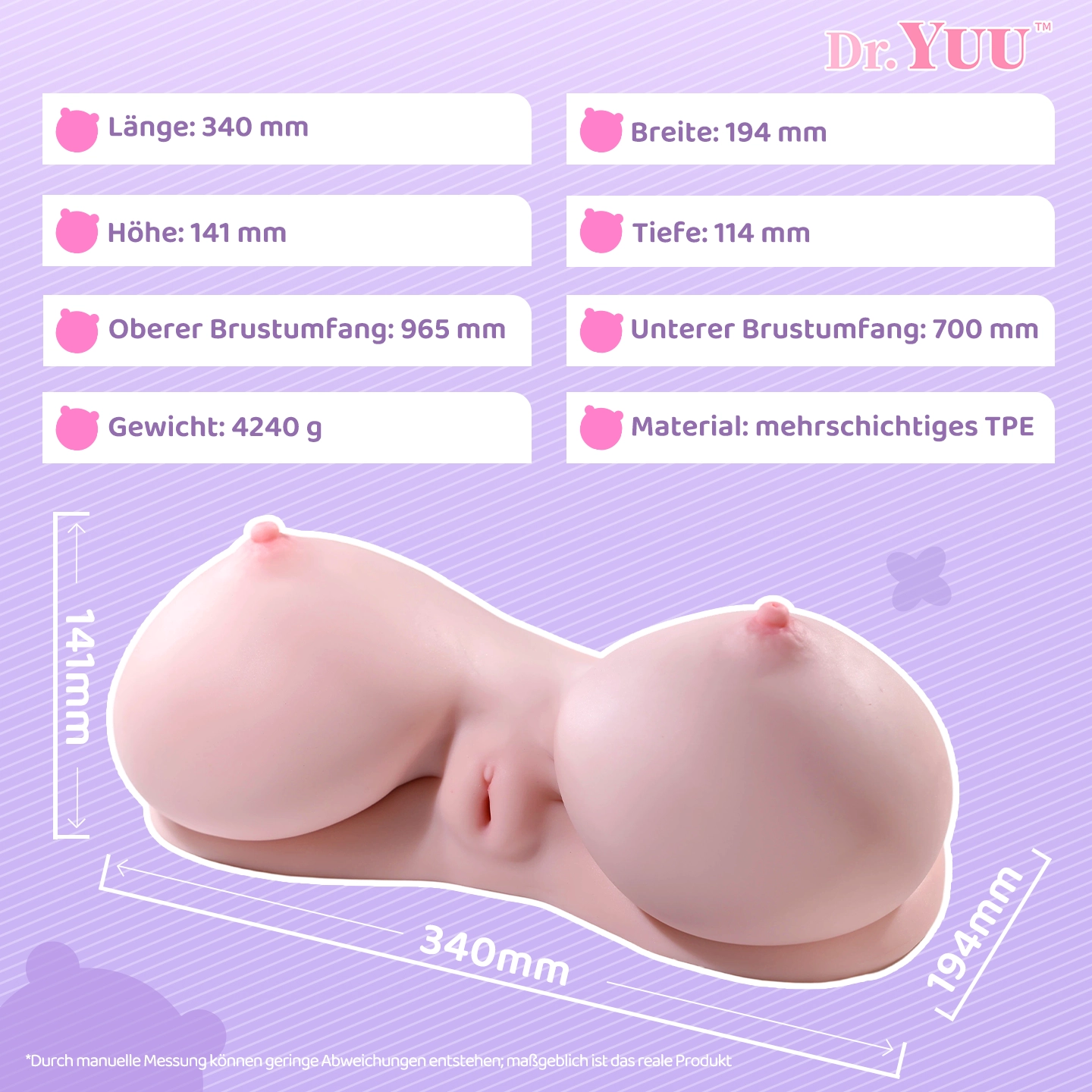 Infografik mit den Maßen 340 mm Länge, 194 mm Breite, 141 mm Höhe, 114 mm Tiefe, 965 mm und 700 mm Umfang, 4240 g Gewicht sowie mehrschichtigem TPE-Material.
