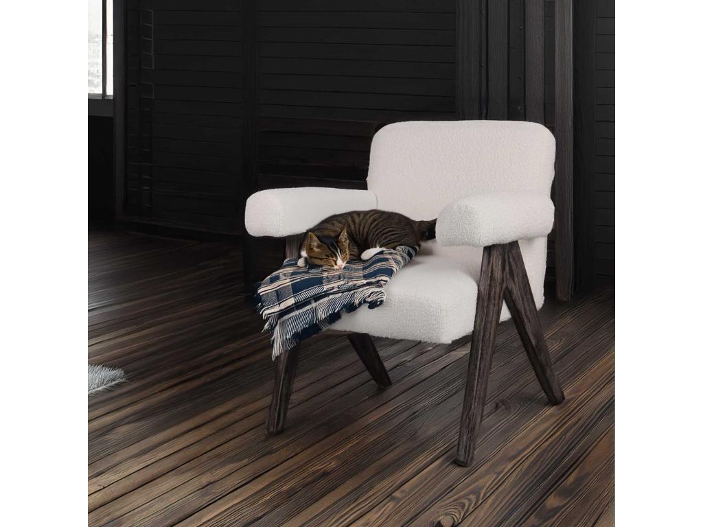 Homelyvo - Sillón de madera maciza de Parawood y tela bouclè antimanchas