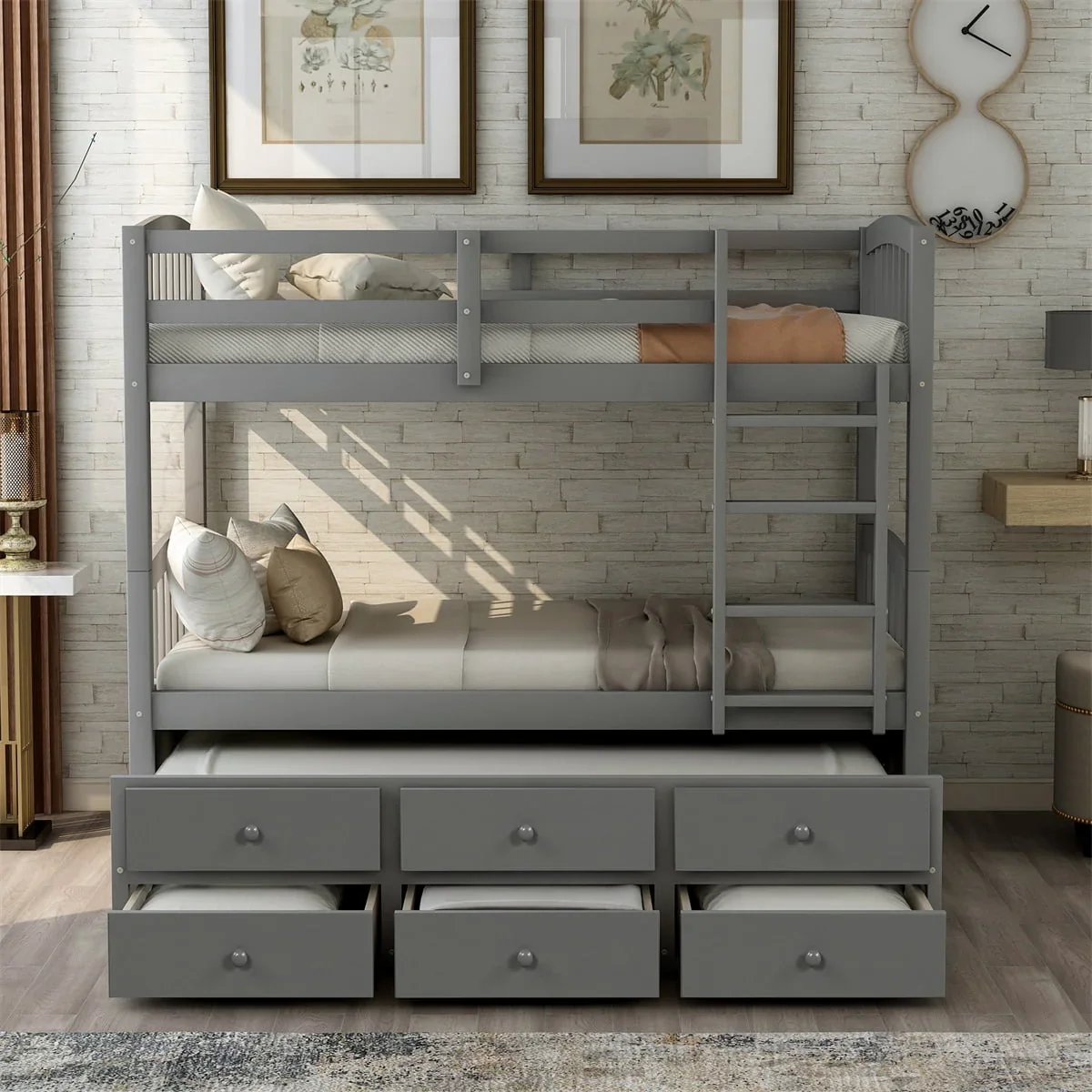 Twin-Over-Twin Bunk Bed with 3 Storage Drawers, Twin Bunk Bed Frame with Ladder & Safety Rail, Pinewood Trundle Bunk Bed for Teen Bedroom, Guest Room Furniture, Can be Convertible to 2 Beds, Gray