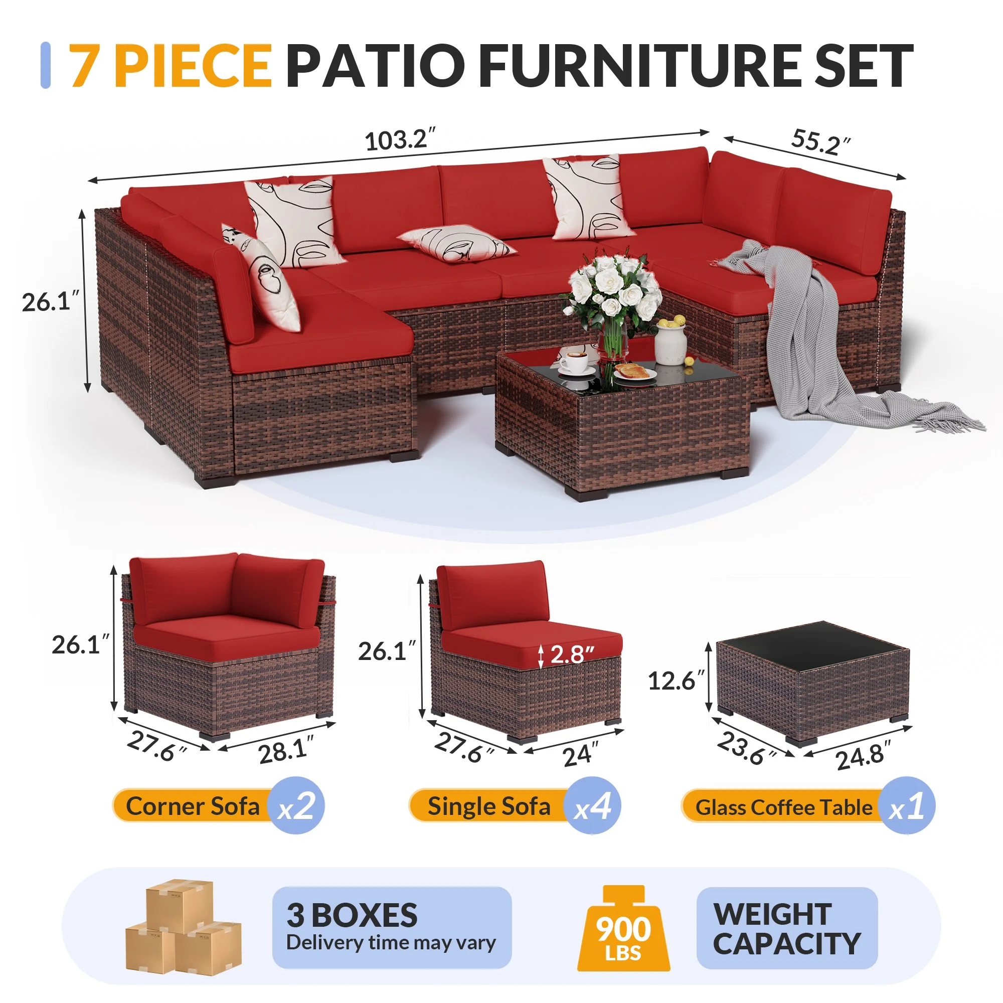 ELPOSUN 7 Pieces Patio Furniture Set, Outdoor Furniture Sectional Rattan Sofa for Backyard Garden Dark Grey - Image 18