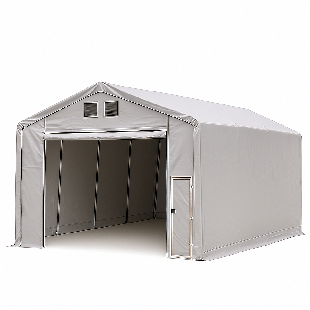 Garaje de Estacionamiento, Carport estructura metálica resistente a la intemperie, color gris.