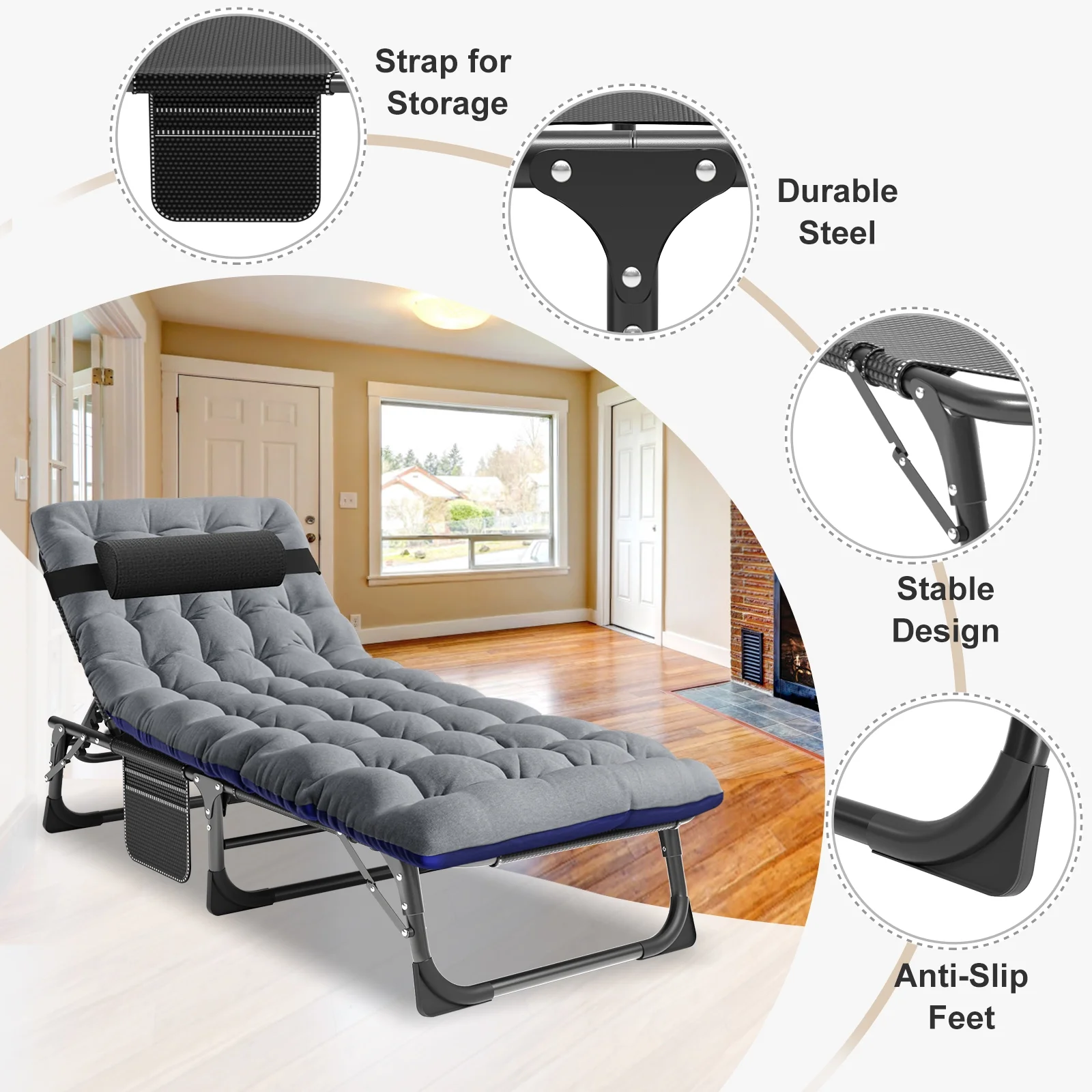 MOPHOTO Lounge Chair with Mattress, Outdoor Chaise Lounge Support 440 Lbs, Adjustable Portable Heavy Duty Sleeping Cots Bed for Camping, Pool, Beach, Patio - Image 32