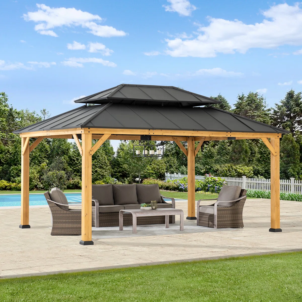 WAYFAIR Sunjoy 12X16 Ft. Wood Gazebo, Outdoor Patio Steel Hardtop Gazebo, Cedar Framed Wooden Gazebo With 2-Tier Metal Roof, Suitable For Patios, Lawn And Backyard
